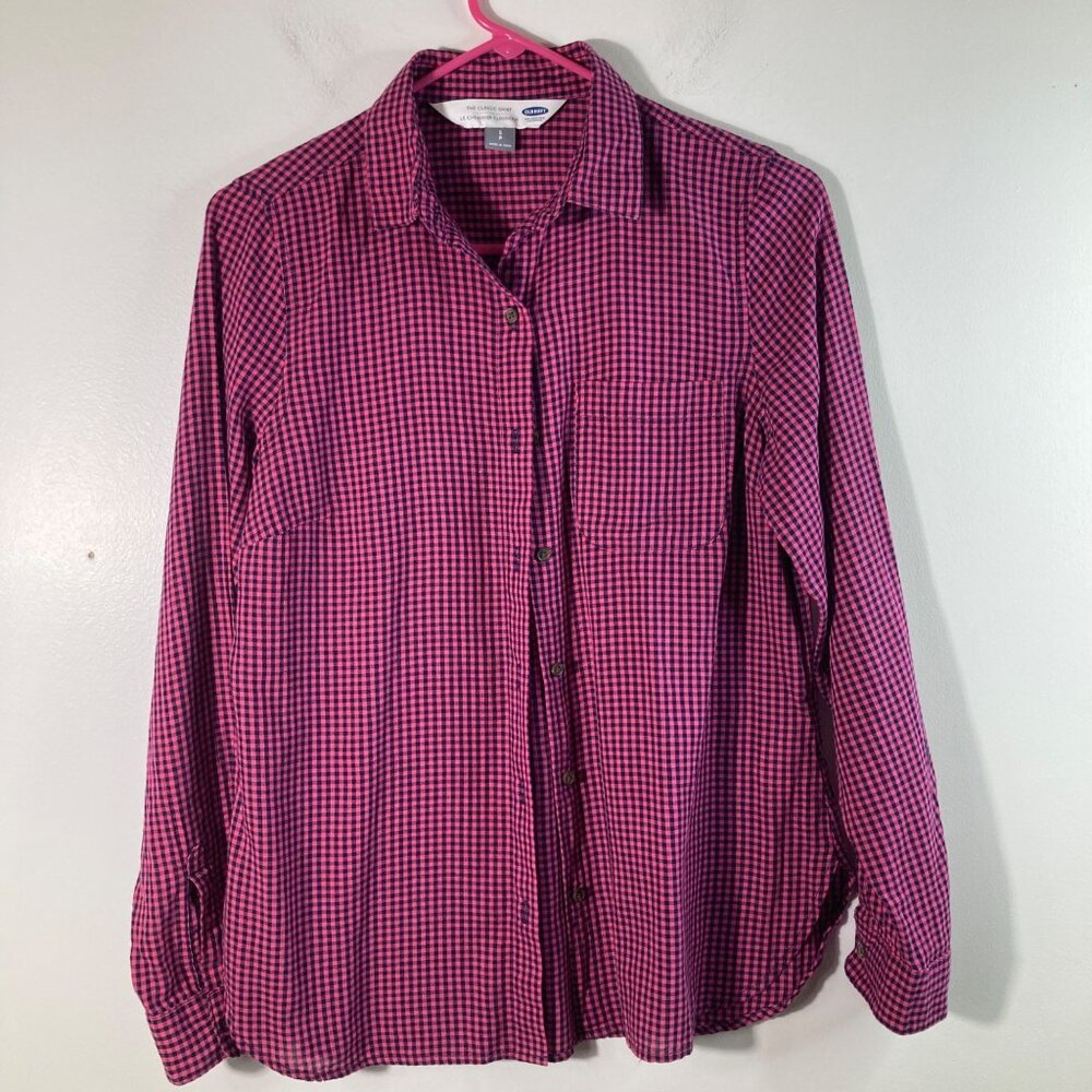 Womens Old Navy The Classic Shirt Gingham Button Long Sleeve Pink Blue S‎ Cotton